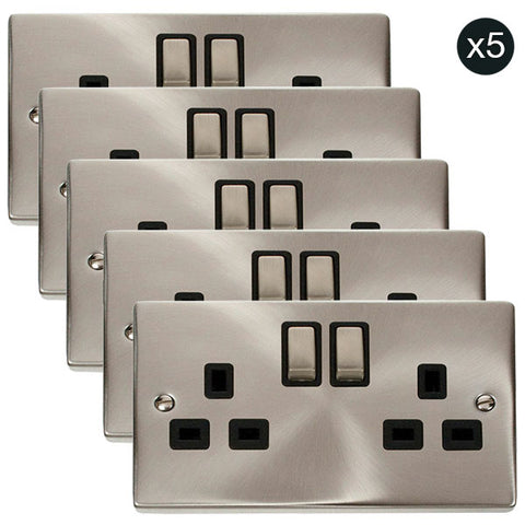 5 PACK - Satin Chrome 2 Gang 13A DP Ingot Twin Double Switched Plug Socket - Black Trim - SE Home