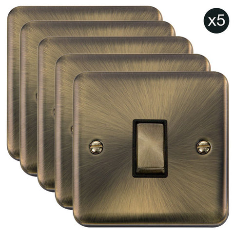 5 PACK - Curved Antique Brass 10AX Ingot 1 Gang 2 Way Light Switch - Black Trim - SE Home