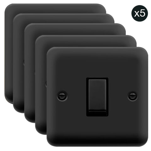 5 PACK - Curved Matt Black 10AX Ingot 1 Gang 2 Way Light Switch - Black Trim - SE Home