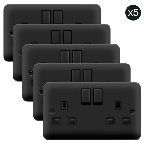 5 PACK - Curved Matt Black 13A Ingot 2 Gang DP Switched Plug Socket - Black Trim - SE Home