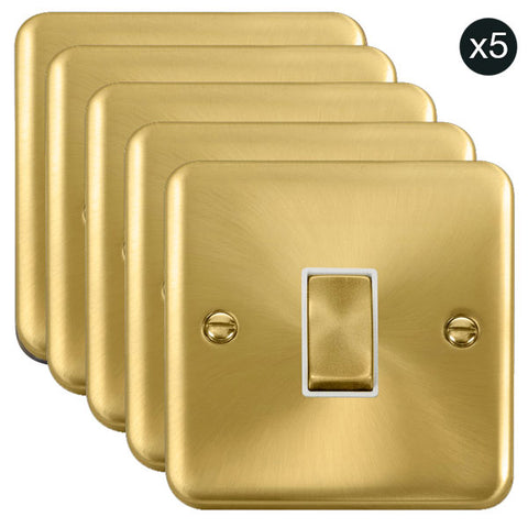 5 PACK - Curved Satin Brass 10AX Ingot 1 Gang 2 Way Light Switch - White Trim - SE Home