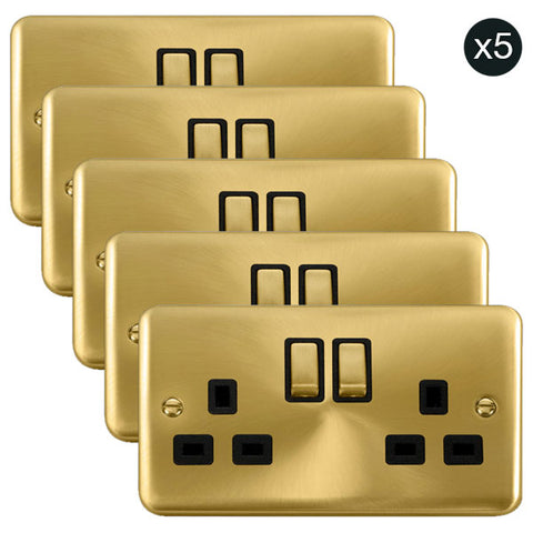 5 PACK - Curved Satin Brass 13A Ingot 2 Gang DP Switched Plug Socket - Black Trim - SE Home