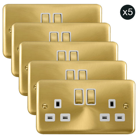 5 PACK - Curved Satin Brass 13A Ingot 2 Gang DP Switched Plug Socket - White Trim - SE Home