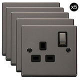 5 PACK - Black Nickel 1 Gang 13A DP Ingot Switched Plug Socket - Black Trim - SE Home