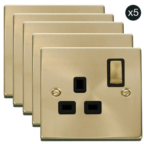5 PACK - Satin Brass 1 Gang 13A DP Ingot Switched Plug Socket - Black Trim - SE Home