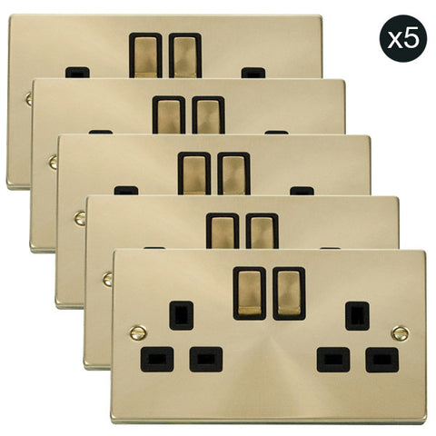 5 PACK - Satin Brass 2 Gang 13A DP Ingot Twin Double Switched Plug Socket - Black Trim - SE Home