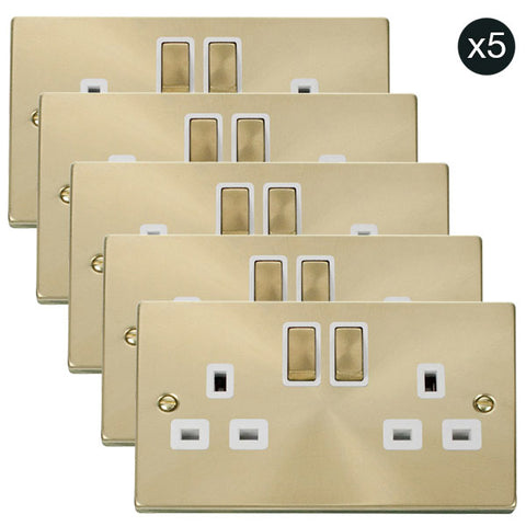 5 PACK - Satin Brass 2 Gang 13A DP Ingot Twin Double Switched Plug Socket - White Trim - SE Home