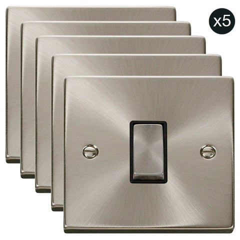 5 PACK - Satin Chrome 10A 1 Gang 2 Way Ingot Light Switch - Black Trim - SE Home