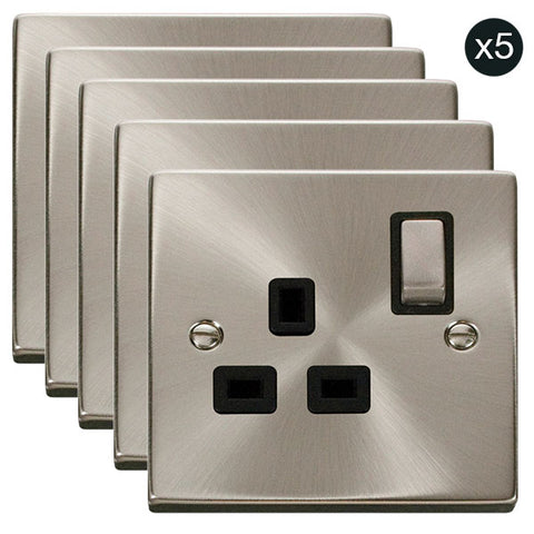 5 PACK - Satin Chrome 1 Gang 13A DP Ingot Switched Plug Socket - Black Trim - SE Home
