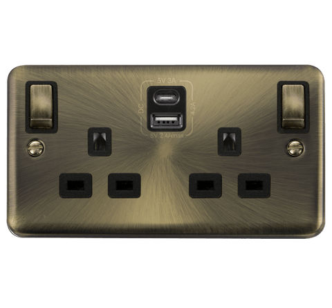 Curved Antique Brass 2 Gang 13A DP Ingot Type A & C USB Twin Double Switched Plug Socket - Black Trim - SE Home