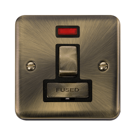 Curved Antique Brass 13A Fused Ingot Connection Unit Switched With Neon - Black Trim - SE Home