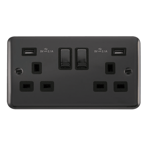 Curved Black Nickel 2 Gang 13A DP Ingot 2 USB Twin Double Switched Plug Socket - Black Trim