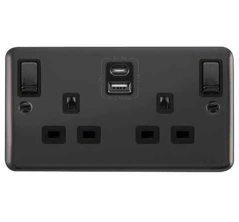 Curved Black Nickel 2 Gang 13A DP Ingot Type A & C USB Twin Double Switched Plug Socket - Black Trim - SE Home