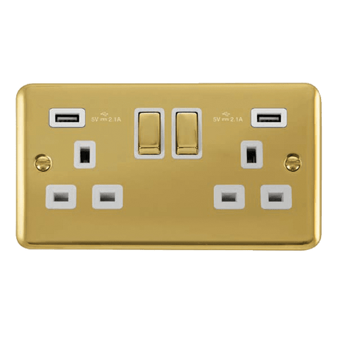 Curved Polished Brass 2 Gang 13A DP Ingot 2 USB Twin Double Switched Plug Socket - White Trim - SE Home