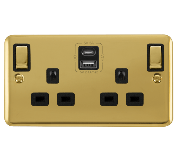 Curved Polished Brass 2 Gang 13A DP Ingot Type A & C USB Twin Double S