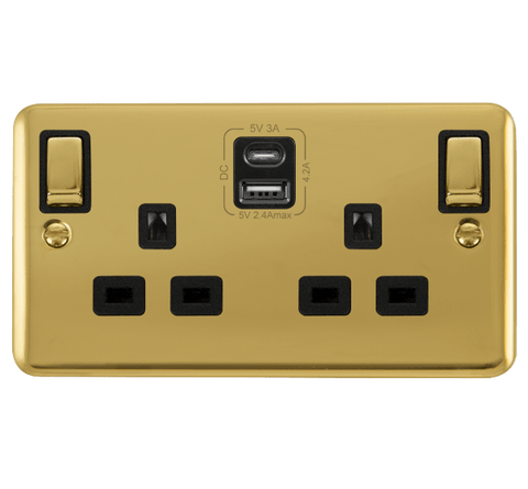 Curved Polished Brass 2 Gang 13A DP Ingot Type A & C USB Twin Double Switched Plug Socket - Black Trim - SE Home