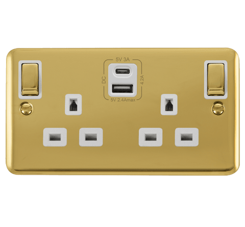 Curved Polished Brass 2 Gang 13A DP Ingot Type A & C USB Twin Double Switched Plug Socket - White Trim - SE Home