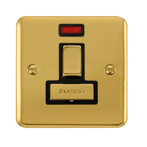 Curved Polished Brass 13A Fused Ingot Connection Unit Switched With Neon - Black Trim - SE Home