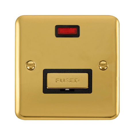 Curved Polished Brass 13A Ingot Fused Connection Unit With Neon - Black Trim - SE Home