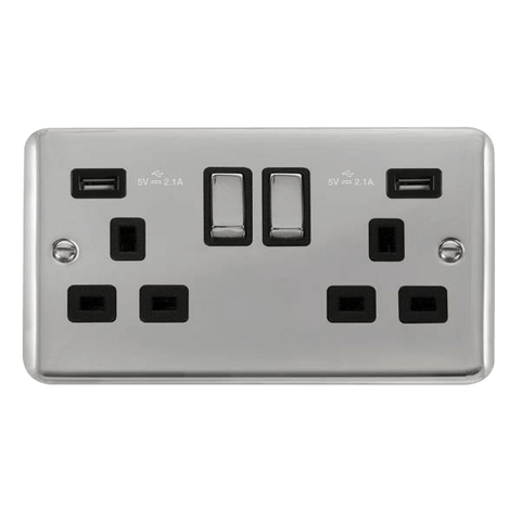 Curved Polished Chrome 2 Gang 13A DP Ingot 2 USB Twin Double Switched Plug Socket - Black Trim - SE Home