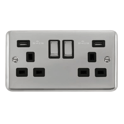 Curved Polished Chrome 2 Gang 13A DP Ingot 2 USB Twin Double Switched Plug Socket - Black Trim