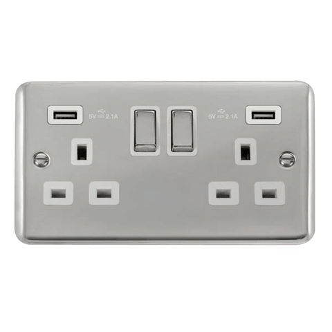 Curved Polished Chrome 2 Gang 13A DP Ingot 2 USB Twin Double Switched Plug Socket - White Trim - SE Home