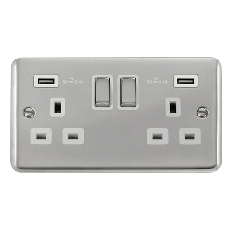 Curved Polished Chrome 2 Gang 13A DP Ingot 2 USB Twin Double Switched Plug Socket - White Trim