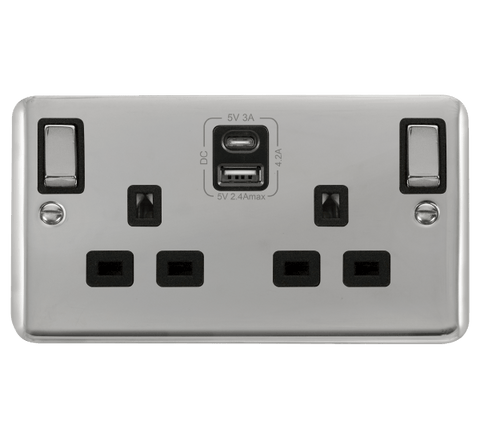 Curved Polished Chrome 2 Gang 13A DP Ingot Type A & C USB Twin Double Switched Plug Socket - Black Trim - SE Home