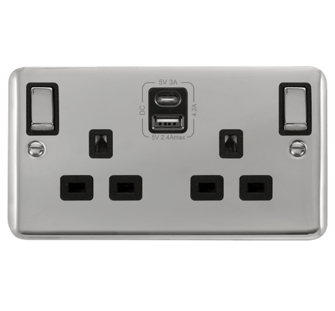 Curved Polished Chrome 2 Gang 13A DP Ingot Type A & C USB Twin Double Switched Plug Socket - Black Trim