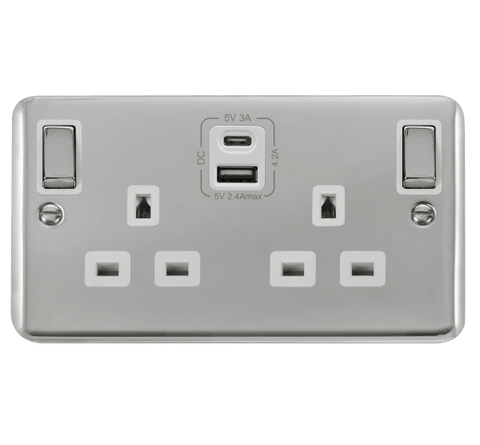 Curved Polished Chrome 2 Gang 13A DP Ingot Type A & C USB Twin Double Switched Plug Socket - White Trim - SE Home