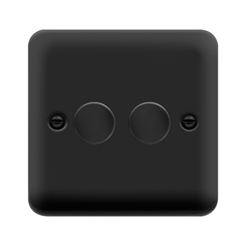 Curved Matt Black 2 Gang 2 Way 400Va Dimmer Light Switch - Black Trim