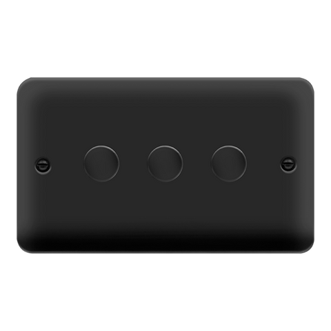 Curved Matt Black 3 Gang 2 Way 400Va Dimmer Light Switch - Black Trim