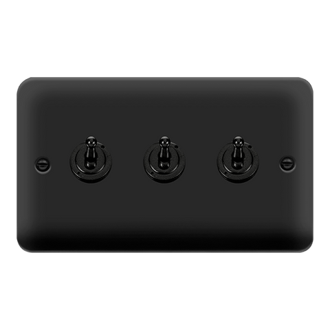 Curved Matt Black 10AX 3 Gang 2 Way Toggle Light Switch - Black Trim