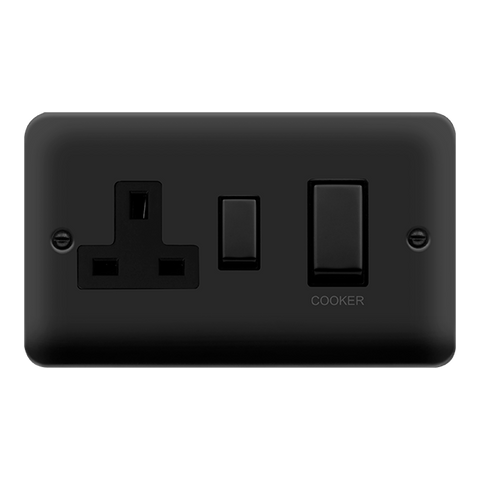 Curved Matt Black 45A Ingot 2 Gang DP Switch With 13A DP Switched Plug Socket - Black Trim