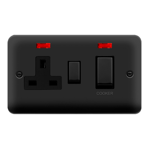 Curved Matt Black 45A Ingot 2 Gang DP Switch With 13A DP Switched Plug Socket & Neons - Black Trim - SE Home