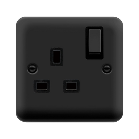 Curved Matt Black 13A Ingot 1 Gang DP Switched Plug Socket - Black Trim