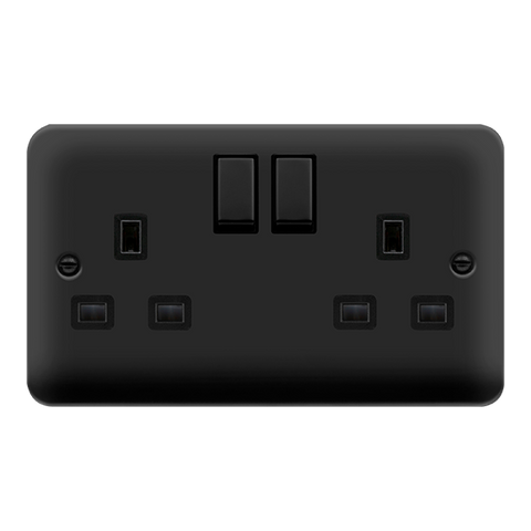 Curved Matt Black 13A Ingot 2 Gang DP Switched Plug Socket - Black Trim