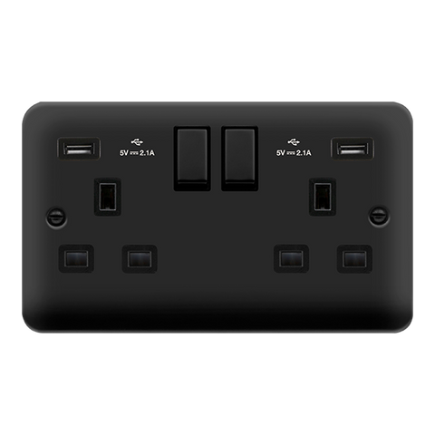 Curved Matt Black 2 Gang 13A DP Ingot 2 USB Twin Double Switched Plug Socket - Black Trim