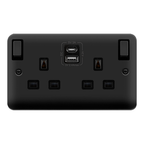 Curved Matt Black 2 Gang 13A DP Ingot Type A & C USB Twin Double Switched Plug Socket - Black Trim