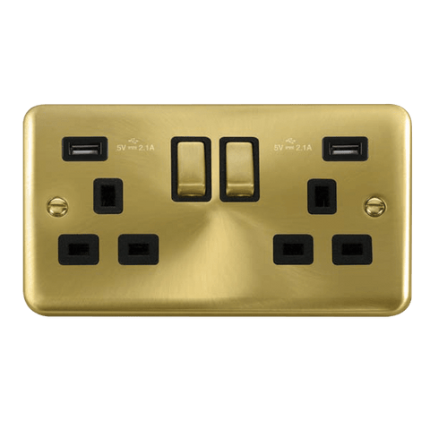 Curved Satin Brass 2 Gang 13A DP Ingot 2 USB Twin Double Switched Plug Socket - Black Trim - SE Home