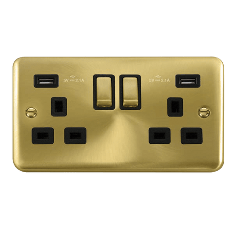 Curved Satin Brass 2 Gang 13A DP Ingot 2 USB Twin Double Switched Plug Socket - Black Trim