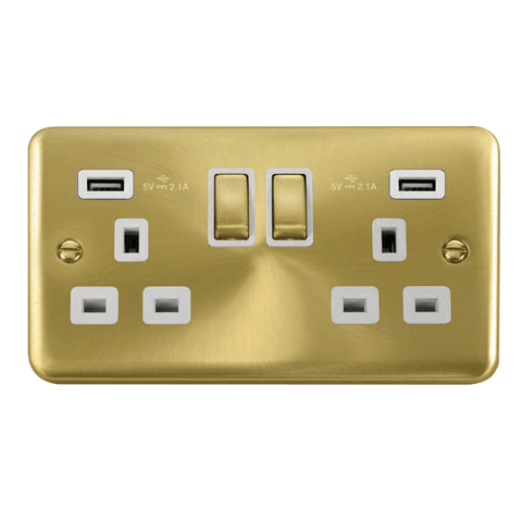 Curved Satin Brass 2 Gang 13A DP Ingot 2 USB Twin Double Switched Plug Socket - White Trim - SE Home