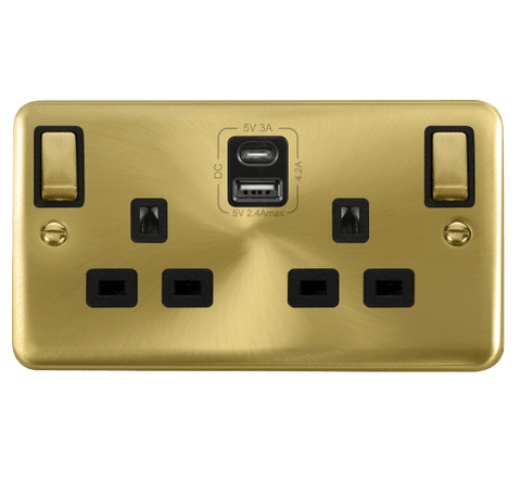 Curved Satin Brass 2 Gang 13A DP Ingot Type A & C USB Twin Double Switched Plug Socket - Black Trim - SE Home