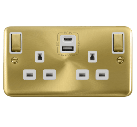 Curved Satin Brass 2 Gang 13A DP Ingot Type A & C USB Twin Double Switched Plug Socket - White Trim - SE Home