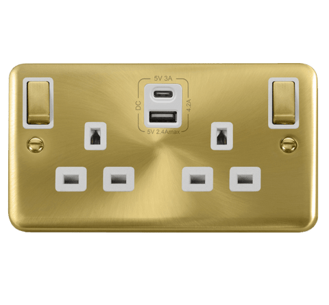 Curved Satin Brass 2 Gang 13A DP Ingot Type A & C USB Twin Double Switched Plug Socket - White Trim