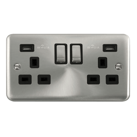 Curved Satin Chrome 2 Gang 13A DP Ingot 2 USB Twin Double Switched Plug Socket - Black Trim - SE Home