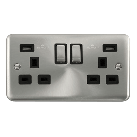 Curved Satin Chrome 2 Gang 13A DP Ingot 2 USB Twin Double Switched Plug Socket - Black Trim