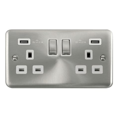 Curved Satin Chrome 2 Gang 13A DP Ingot 2 USB Twin Double Switched Plug Socket - White Trim - SE Home