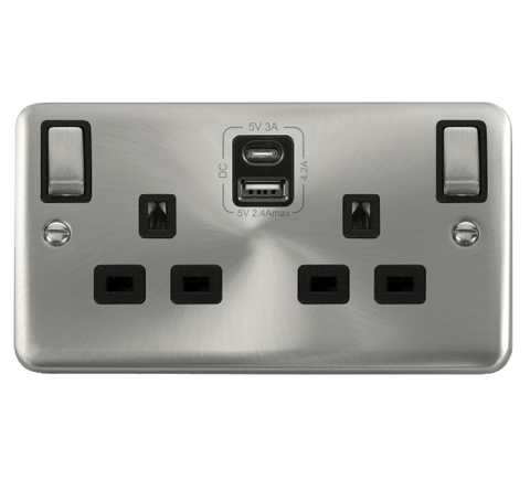 Curved Satin Chrome 2 Gang 13A DP Ingot Type A & C USB Twin Double Switched Plug Socket - Black Trim - SE Home