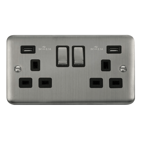 Curved Stainless Steel 2 Gang 13A DP Ingot 2 USB Twin Double Switched Plug Socket - Black Trim - SE Home